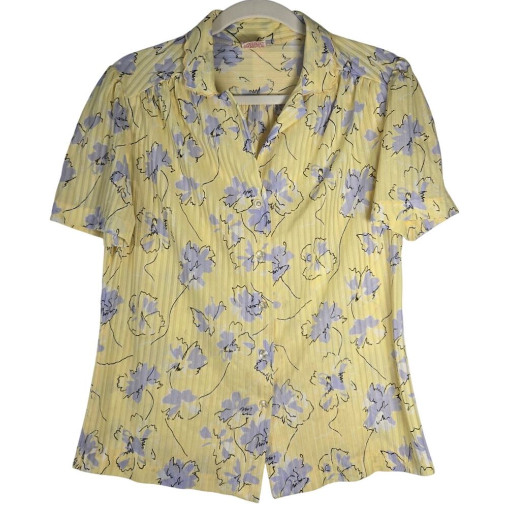 Vintage 70s Graff Californiawear Yellow Abstract Floral Button Down Short Sleeve